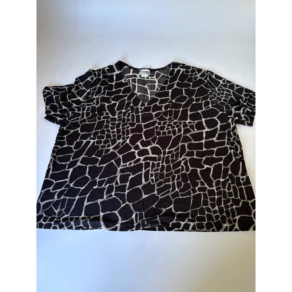 VTG Western Connection Womens 3X Giraffe Print V-Neck Knit Blouse Top USA Made